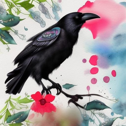Watercolor Crow Portrait with Flowers Wall Art