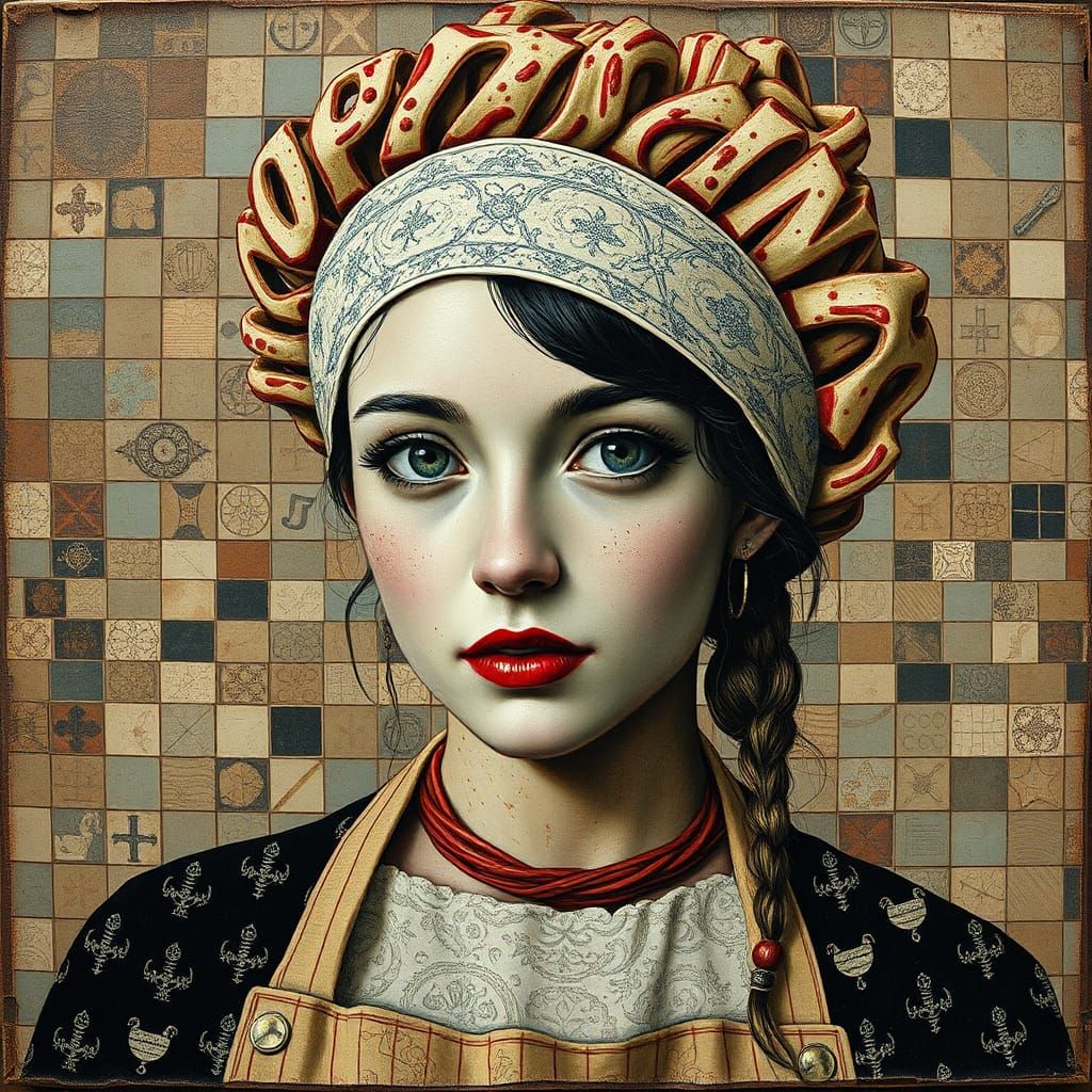 Dystopian Baker Portrait in Fornasetti Collage Style