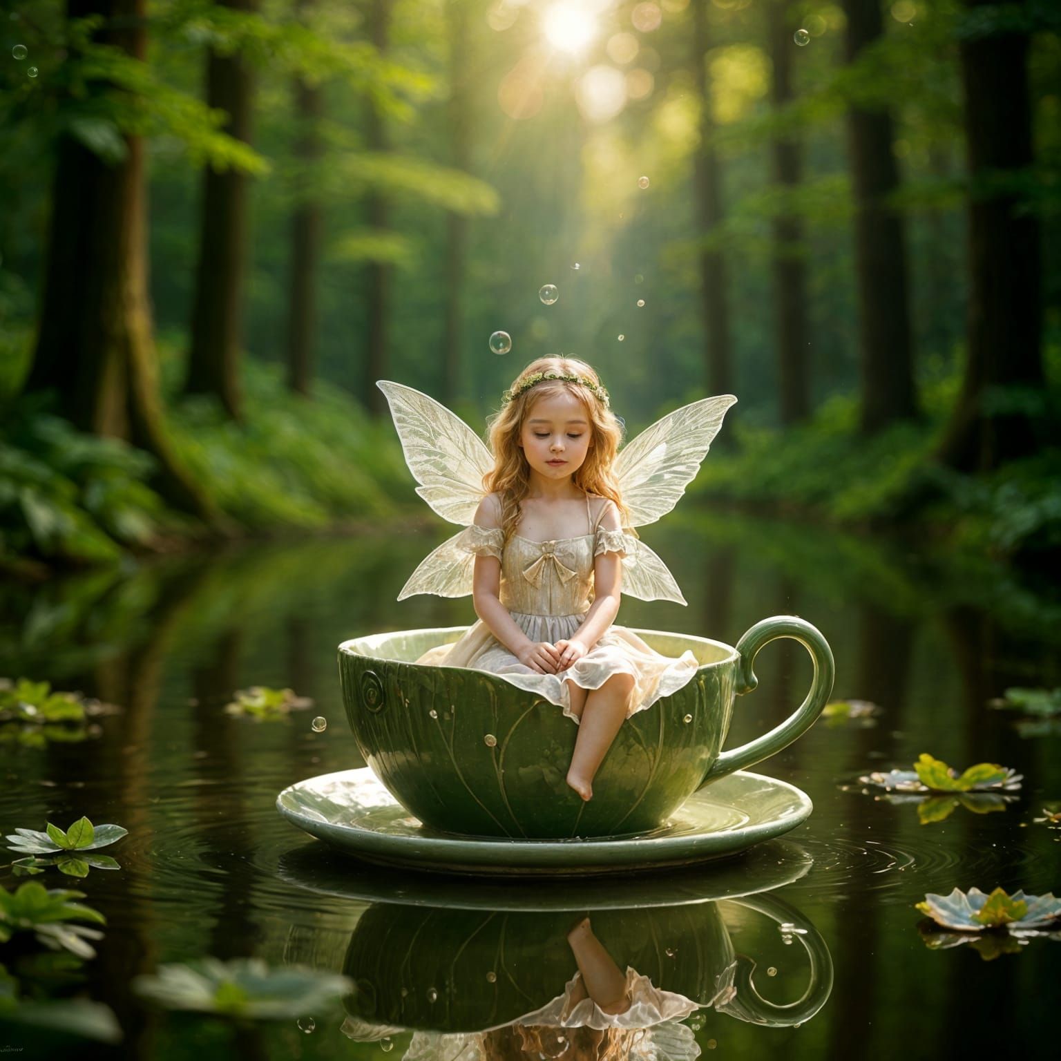 Dreamy Fairy in Teacup on Forest Pond
