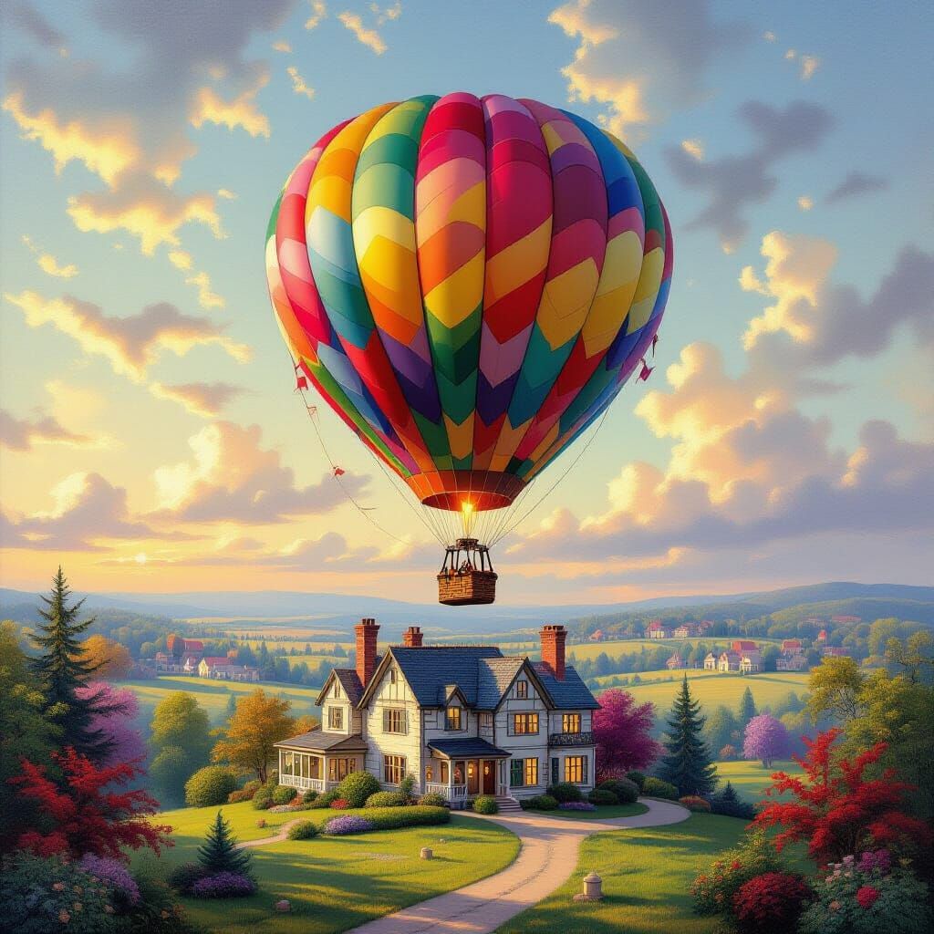 Colorful Hot Air Balloon Over Country Manor Fantasy Oil Pain...