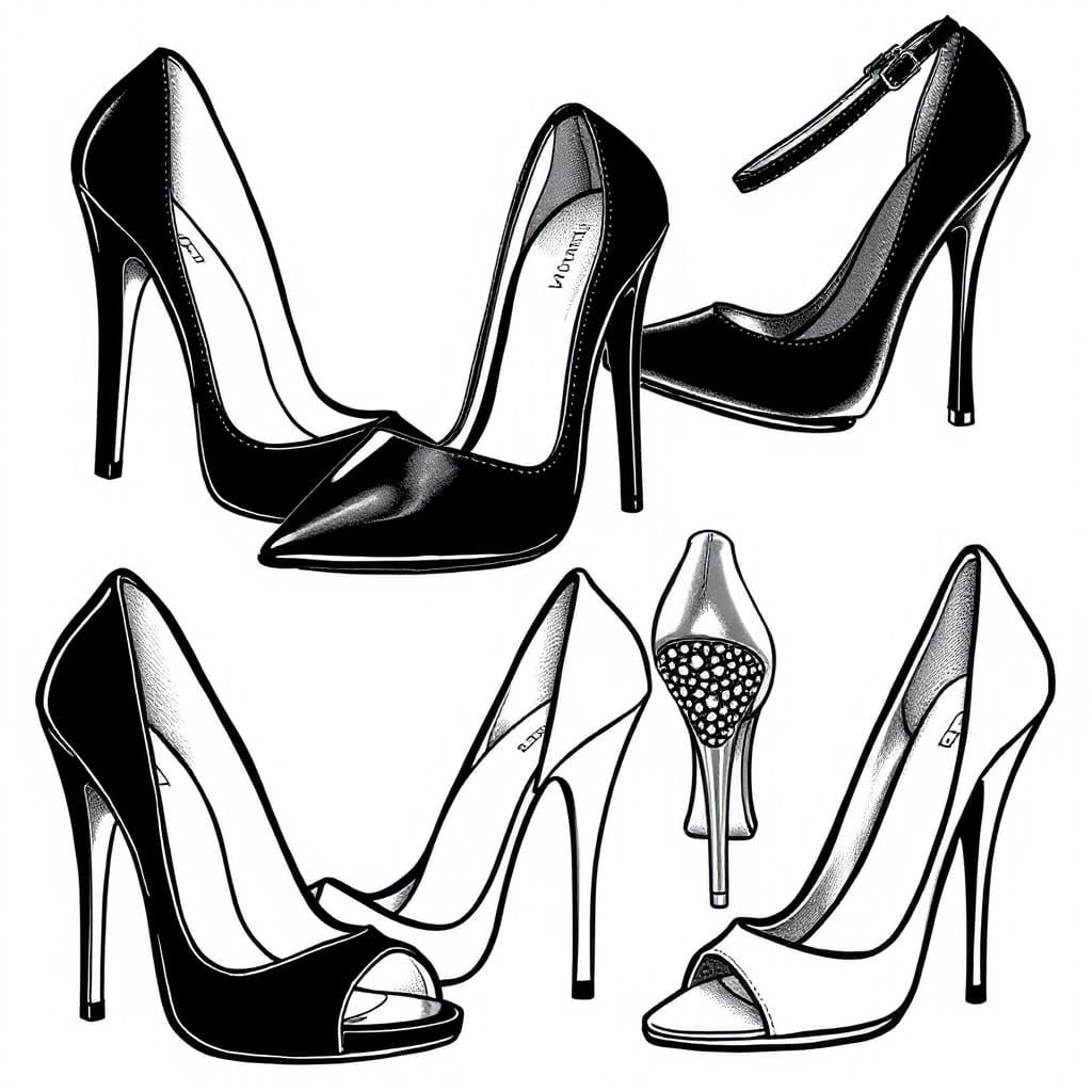 High Heel Shoe Flash Tattoo Designs in Black Outline