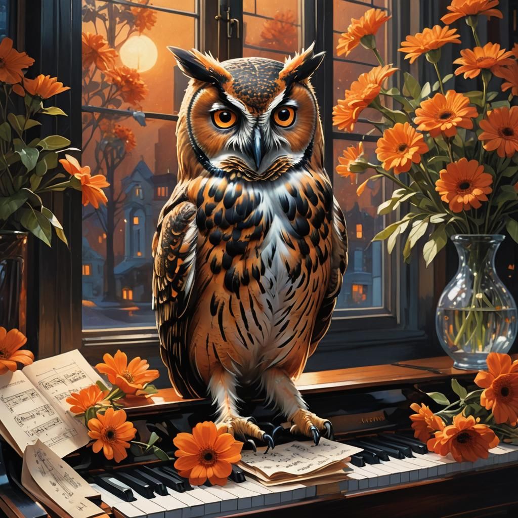 Owl Plays Piano at Night, Hyperrealistic Concept Art