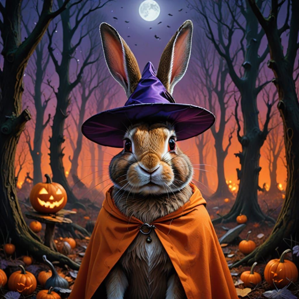 Surreal Halloween Rabbit in Haunted Forest Oil Painting