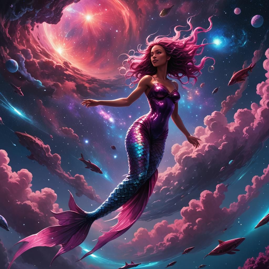 Mermaid's Cosmic Swim: Fantasy Art in Space