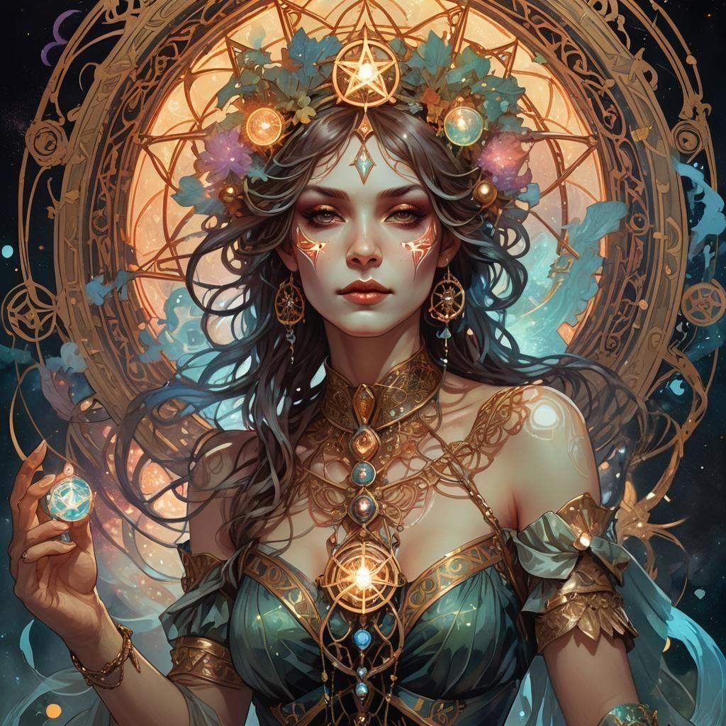 Circus Knife Dancer with Elemental Pentacle in Art Nouveau