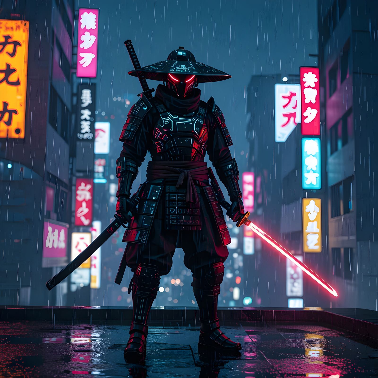 Cyberpunk Samurai on Neon Rooftop in Futuristic Tokyo