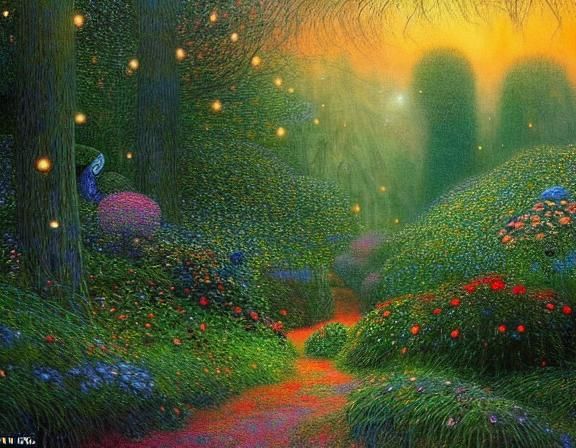 Enchanted Forest Sunset in Magic Realism Style