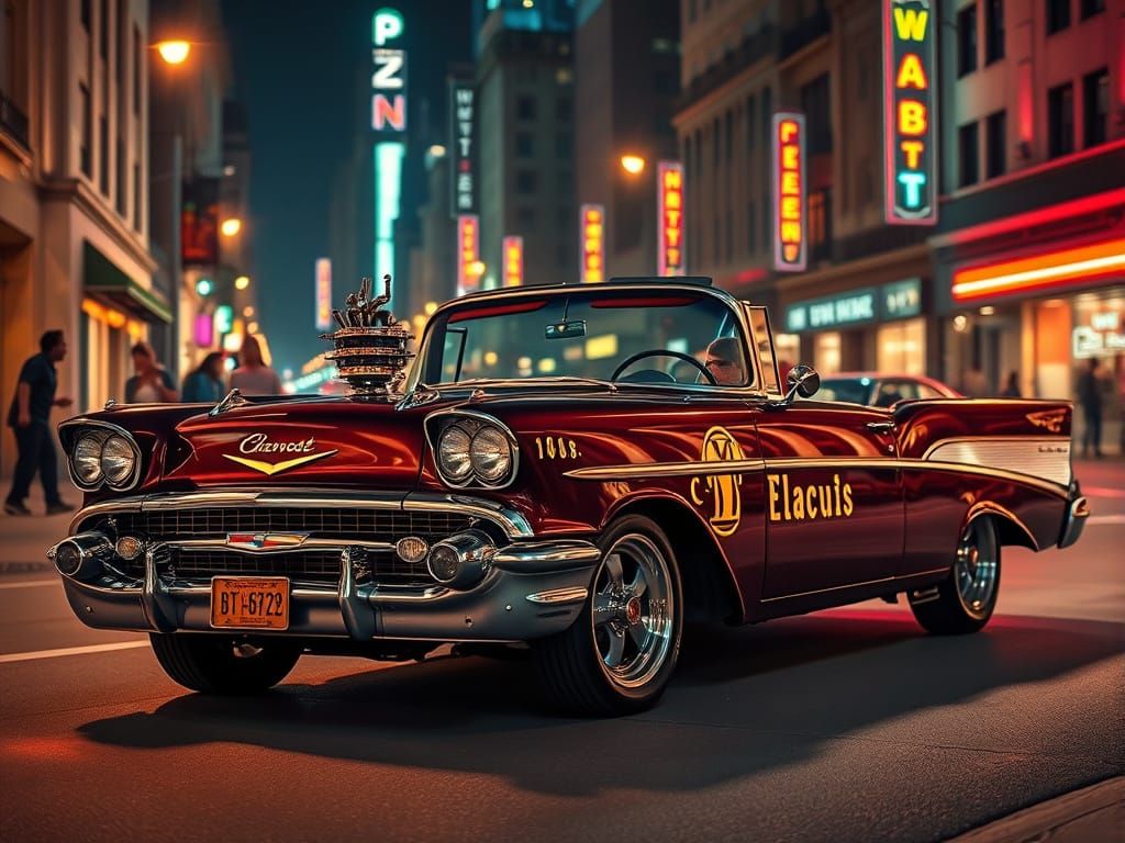 Steampunk 1957 Chevy Convertible Under Neon Streetlights