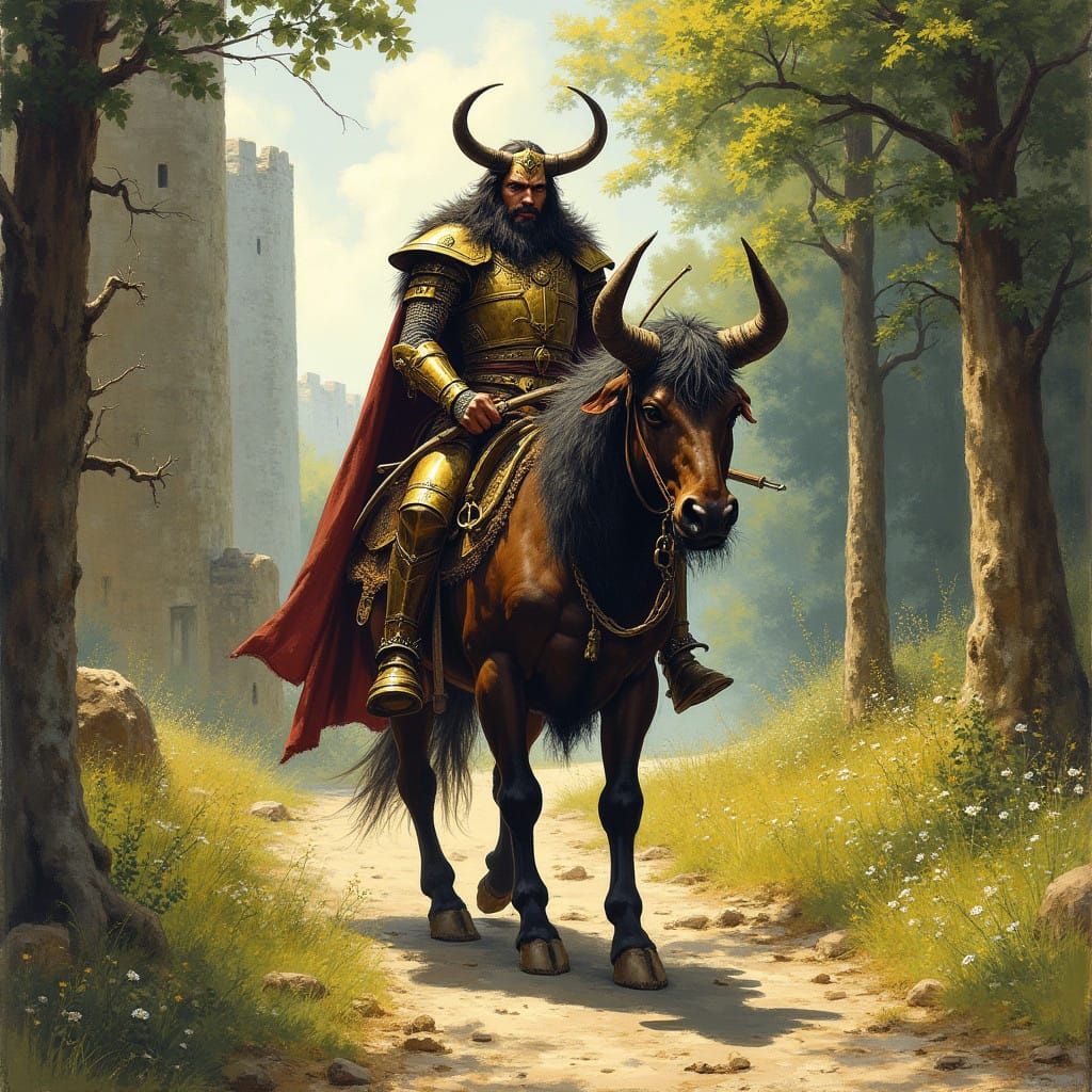 Minotaur Paladin Rides Dire Weasel Steed Through Golden Coun...