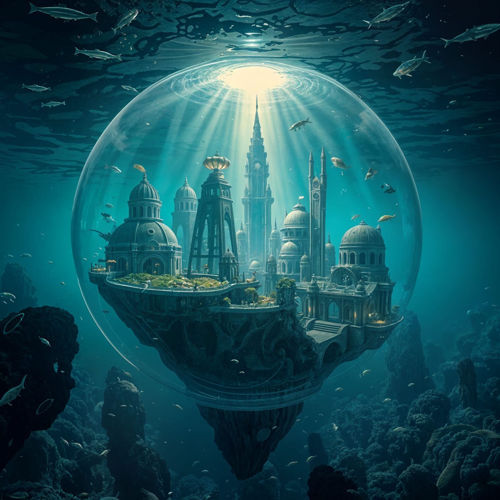 Surreal Bioluminescent Atlantis in Underwater Bubble