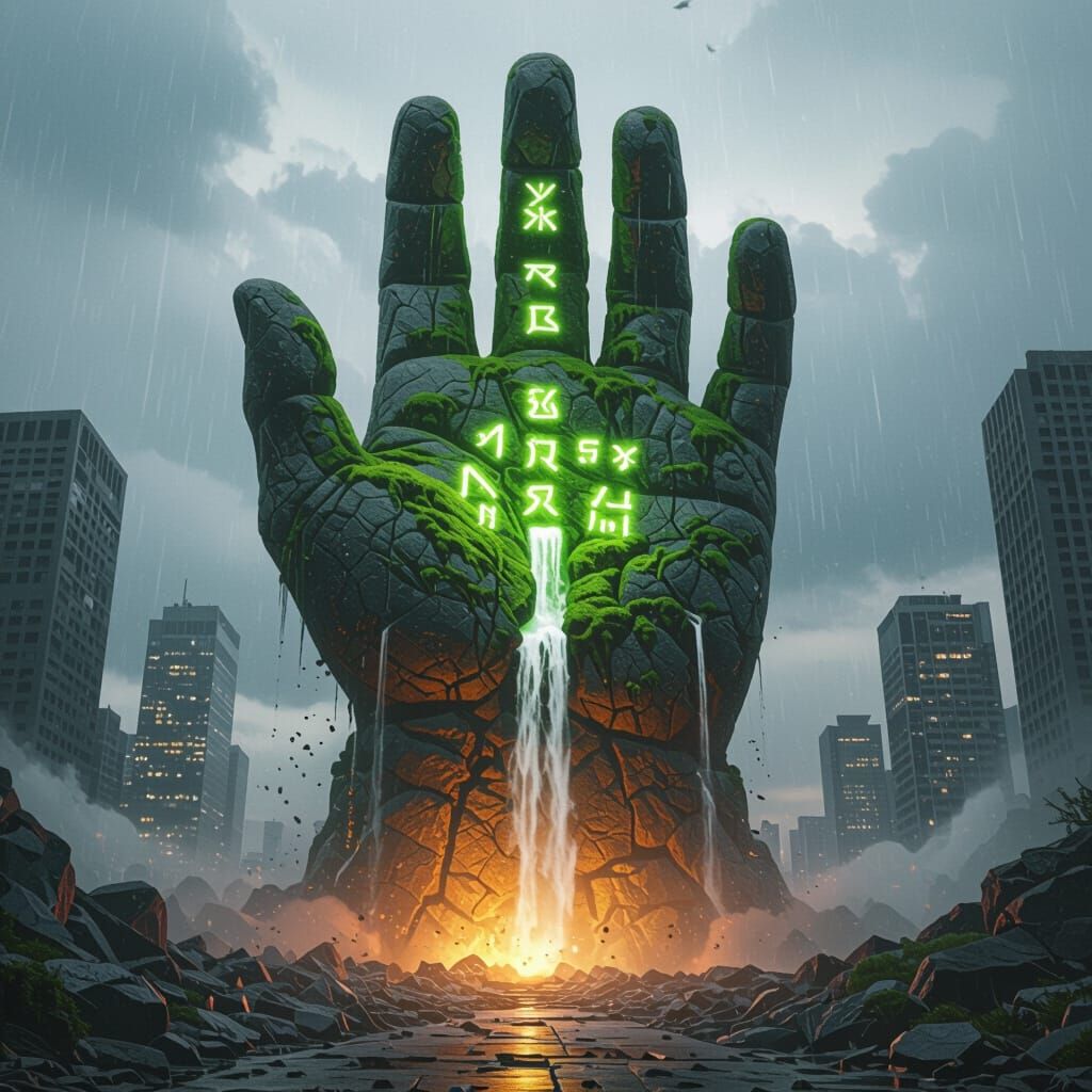Colossal Stone Hand Erupts in City, Digital Art