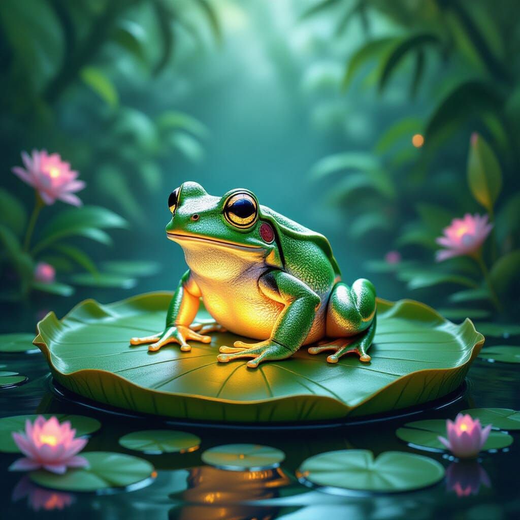 Golden Bioluminescent Frog in Jungle Oasis