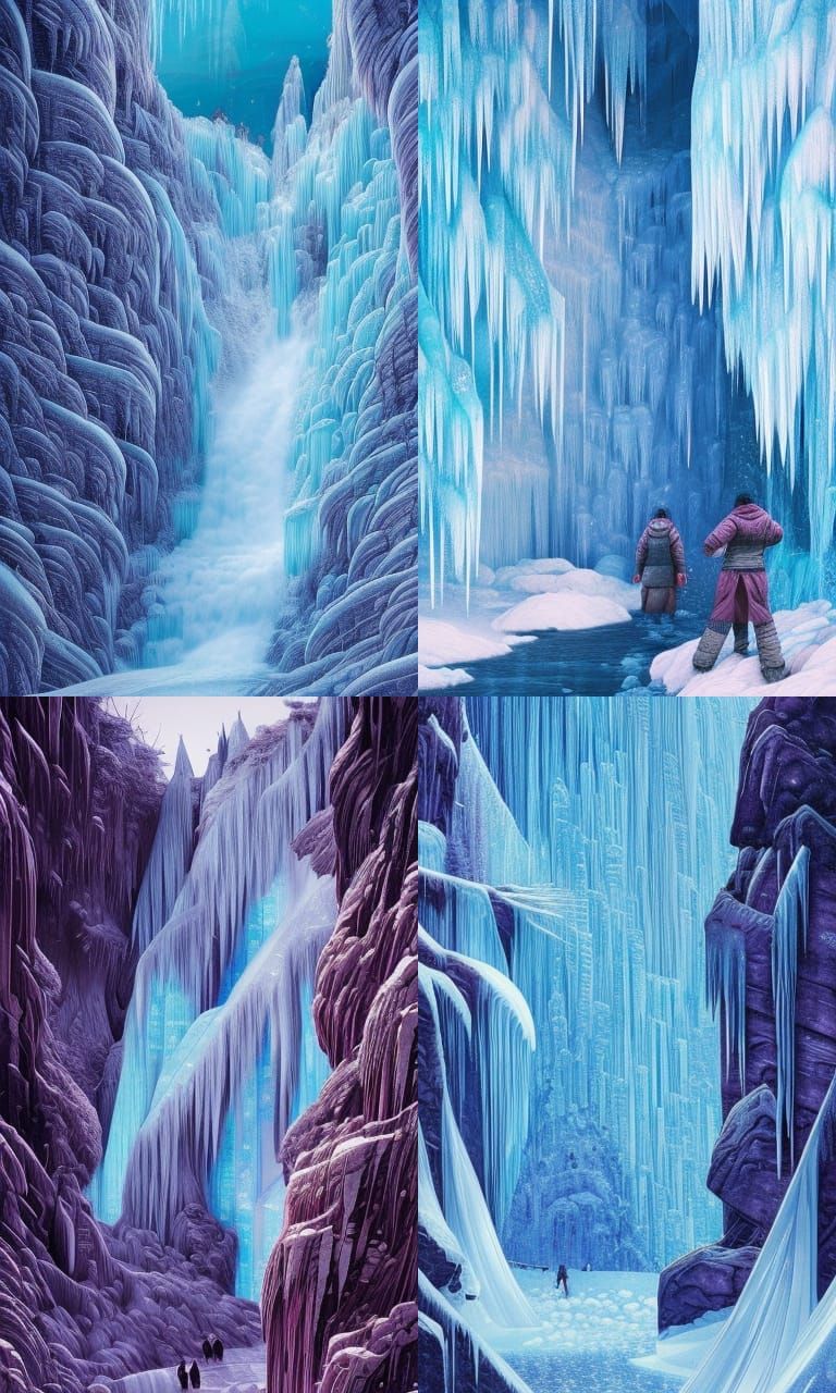 Frozen Crystal Waterfalls in Photorealistic Style