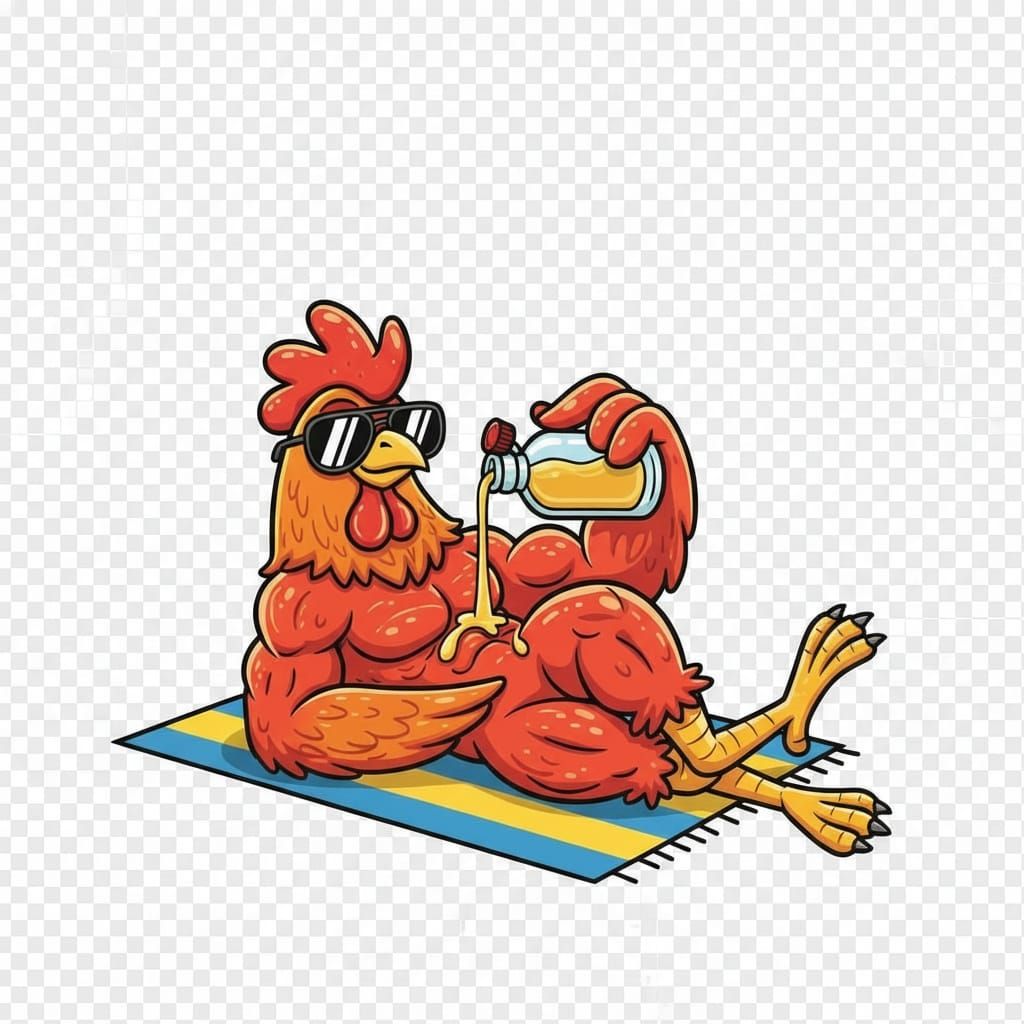 Cartoon Rooster Sunbathing in Cheeky Pin-Up Pose