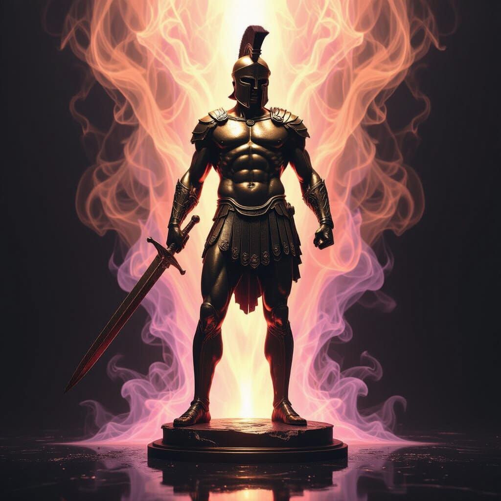 Bronze Gladiator Statue with Ethereal Aura
