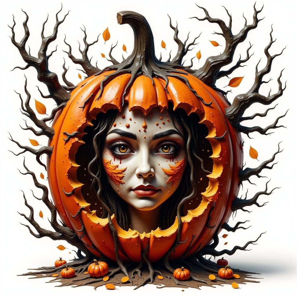 <lora:TexturedFlux:1.0> Halloween Coquette pumpkin with white background, face in pumpkin, put face in pumpkin, mouth no...