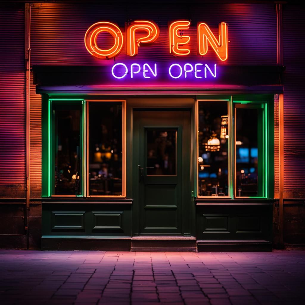 Neon Open Sign at Night: Professional Photo