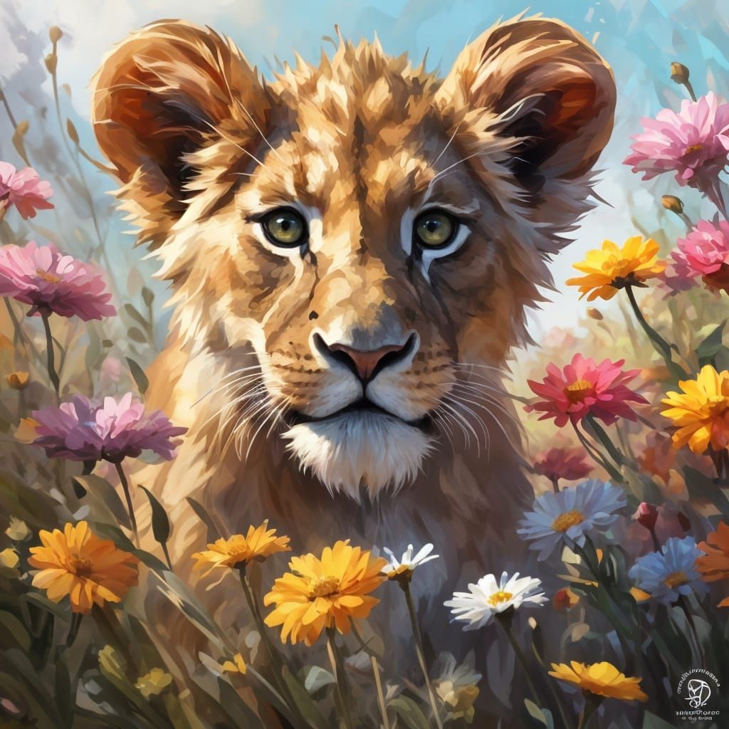 Cute Lion Cub Portrait in a Vibrant Field of Flowers