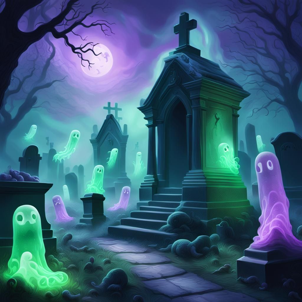 Surreal Ghost and Gummy Worms in Graveyard