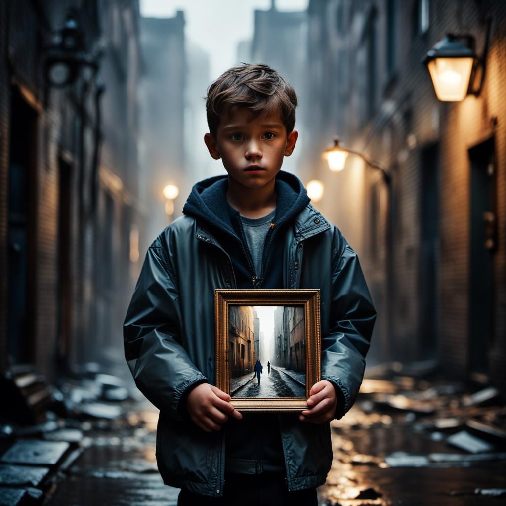 Longing Son Searches in Misty Cityscape: Hyper-Realistic Por...