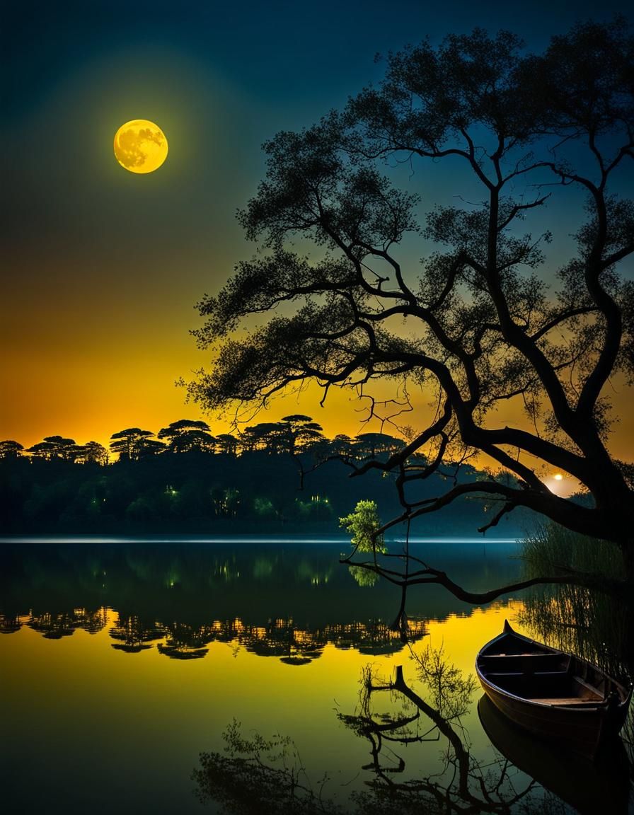 Ancient Boat on Calm Lake Under Yellow Moon