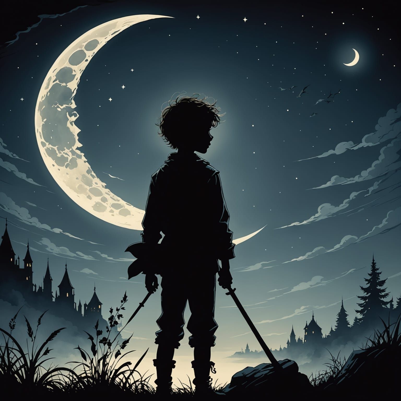 Boy Silhouette Under Moon in Fairytale Style