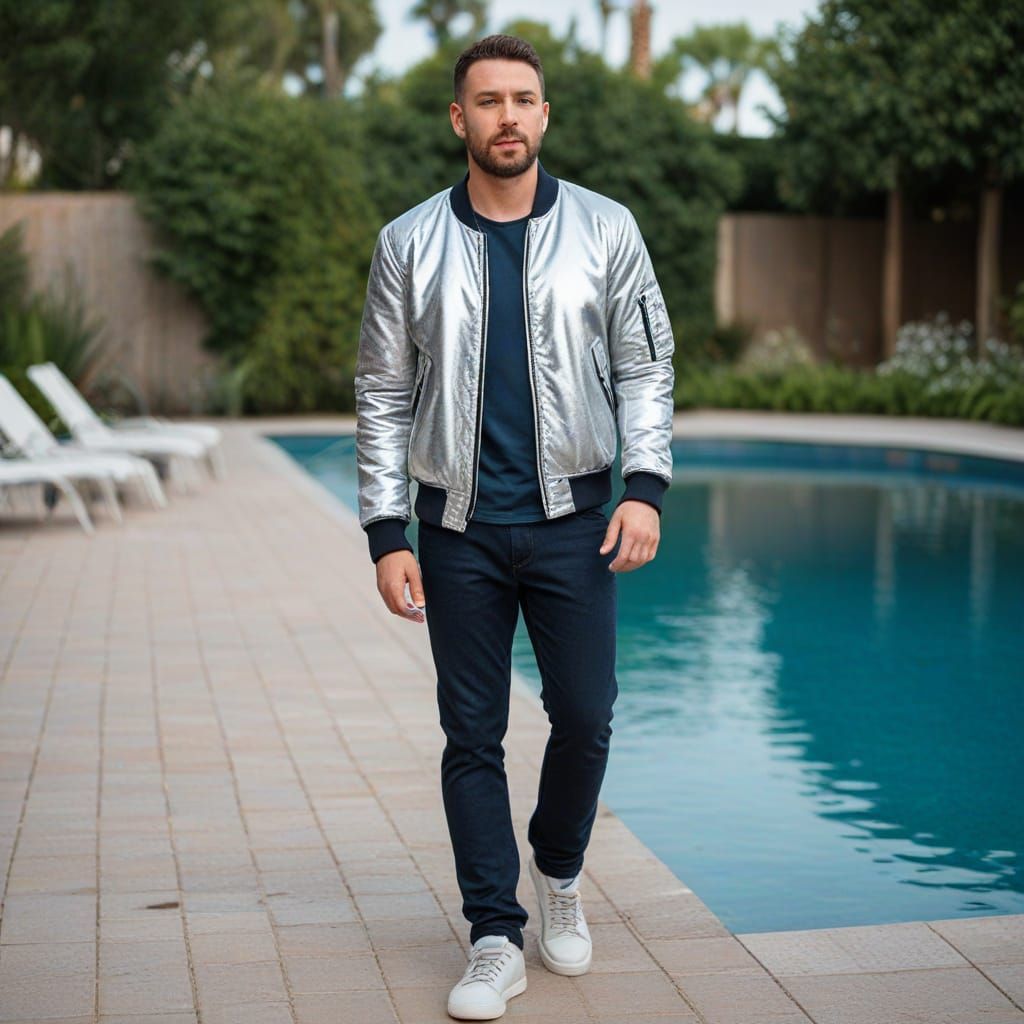 Man in Silver Bomber Jacket by Pool, Photorealistic