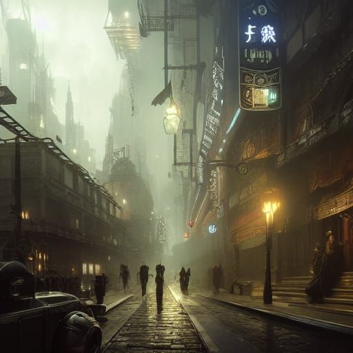 Steampunk Cyberpunk City with Dragons, Dark Fantasy Art