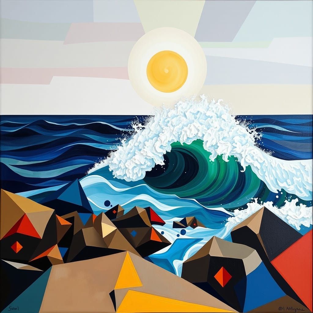 Vibrant Geometric Abstract Ocean Scene with Breaking Wave