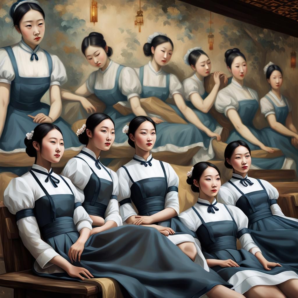 Elegant Chinese Maids before Mural in Impressionist Style