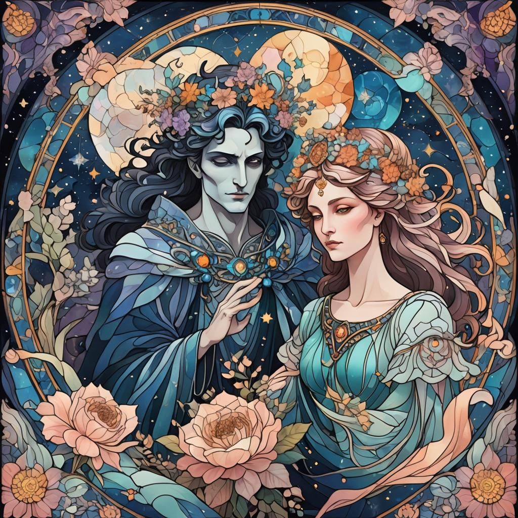 Hades and Persephone in Love, Stained Glass Style