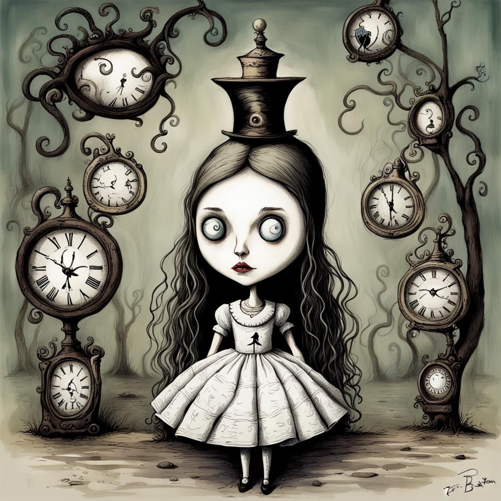 Surreal Wonderland Illustration in Tim Burton Style