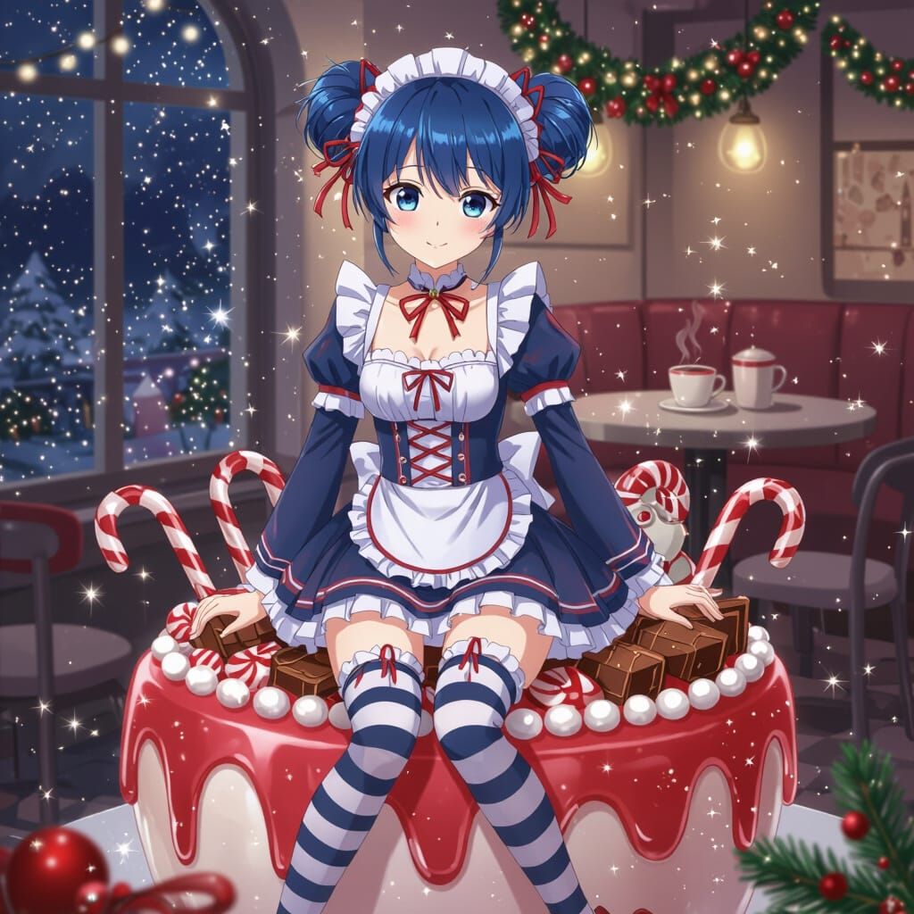 Anime Girl in Festive Maid Outfit on Peppermint Dessert
