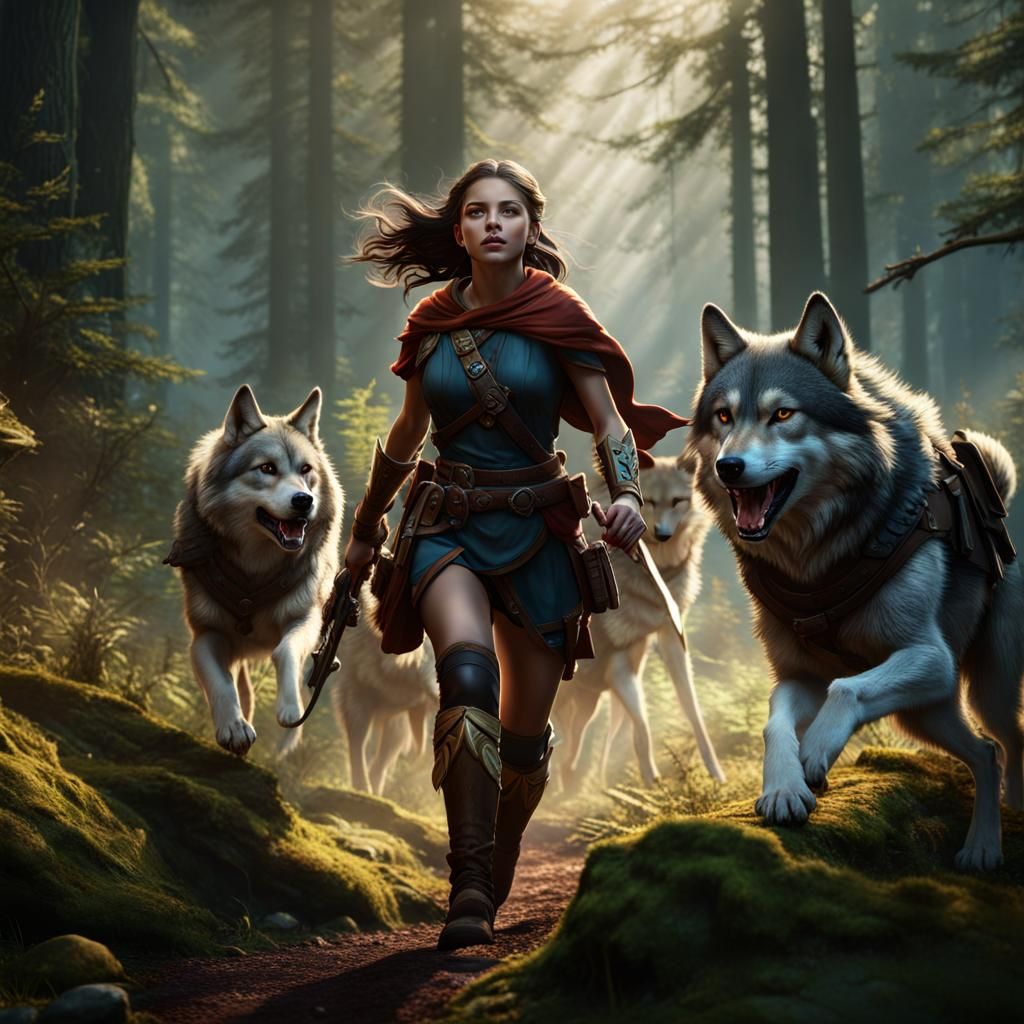 Wild Girl Ranger with Wolves in Fantasy Forest