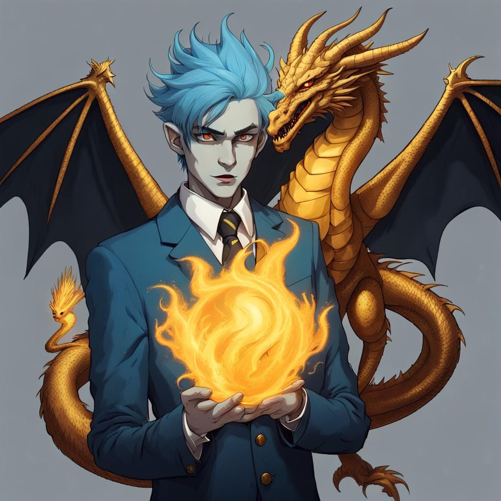 Blue Dragonman with Fireball in Tim Burton Style