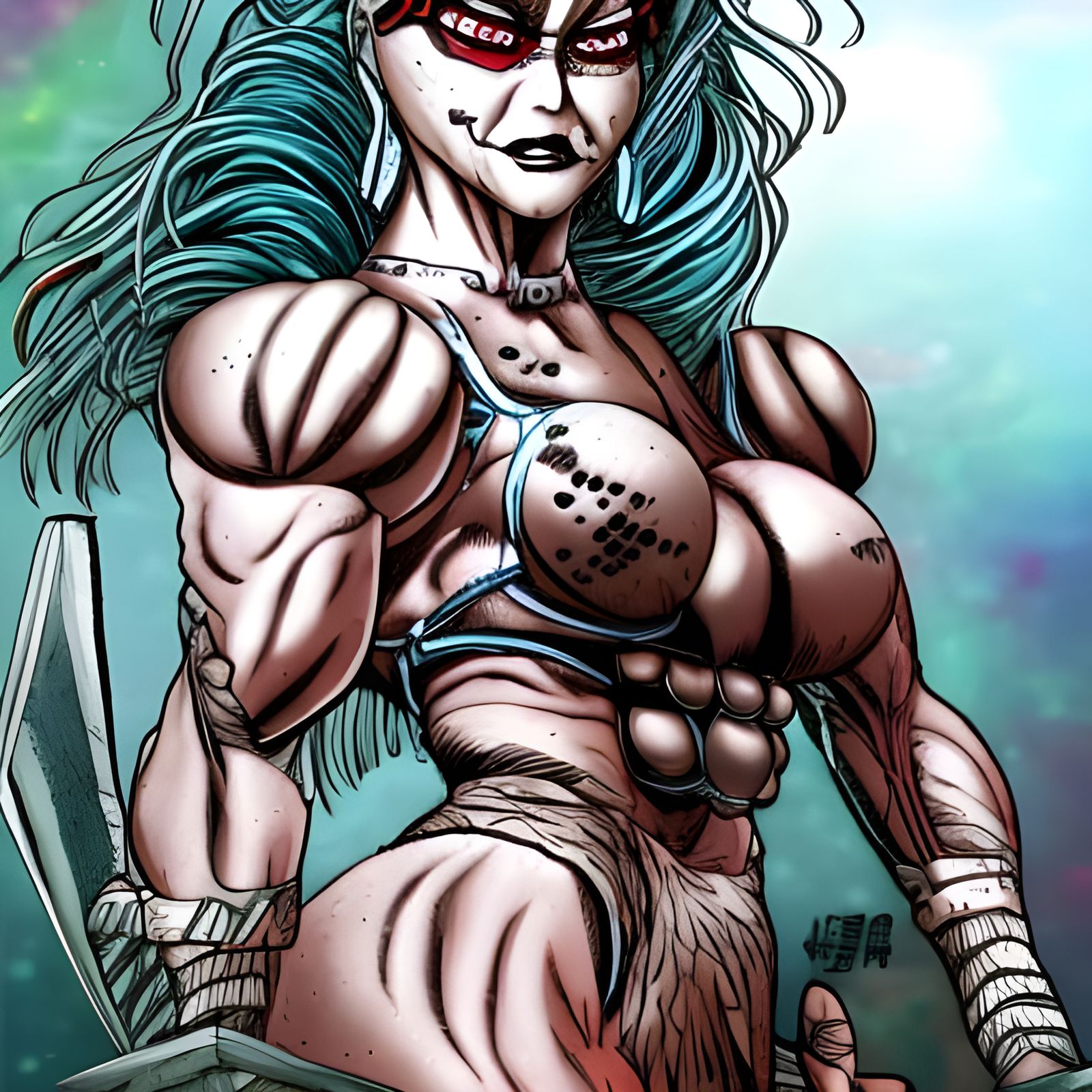 Muscle Warrior Goddess in Horror Space, Detailed Oil Paintin...