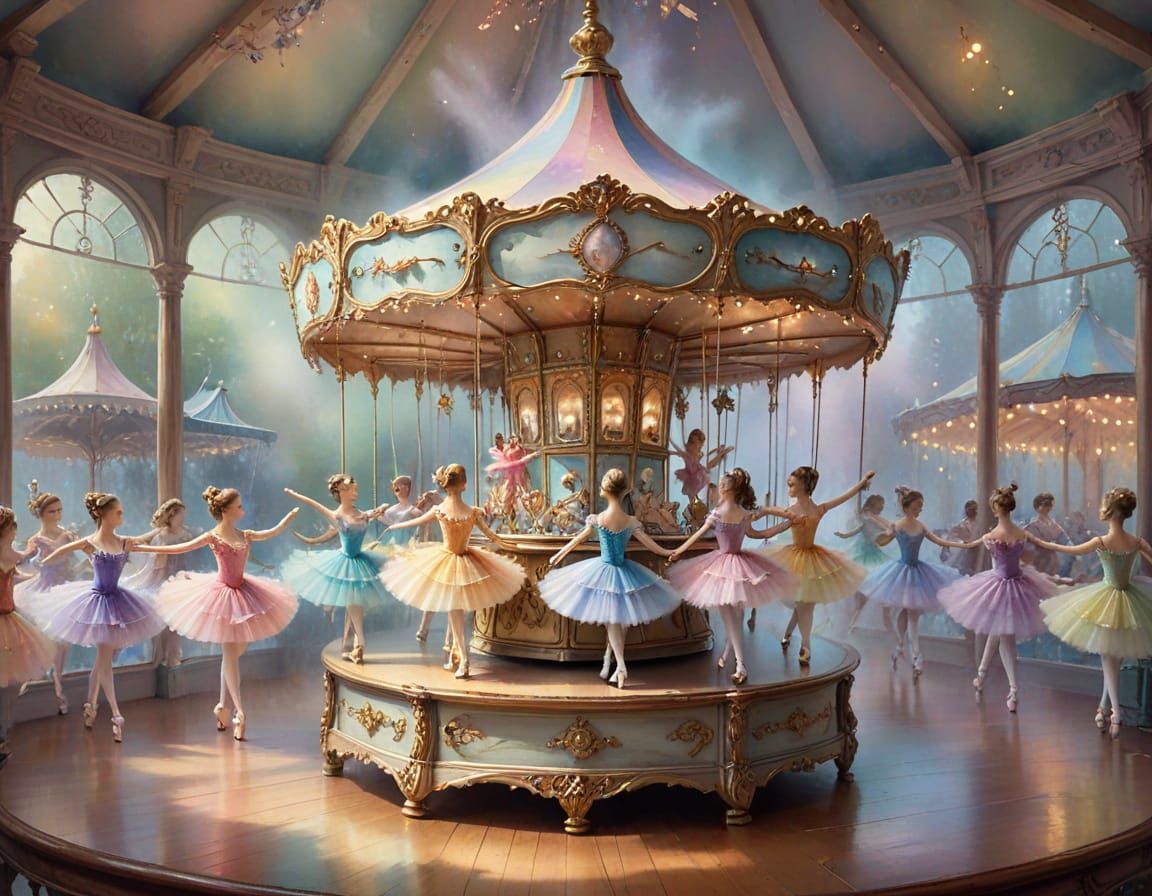 Whimsical Watercolor Carousel Music Box with Ballet Dancers