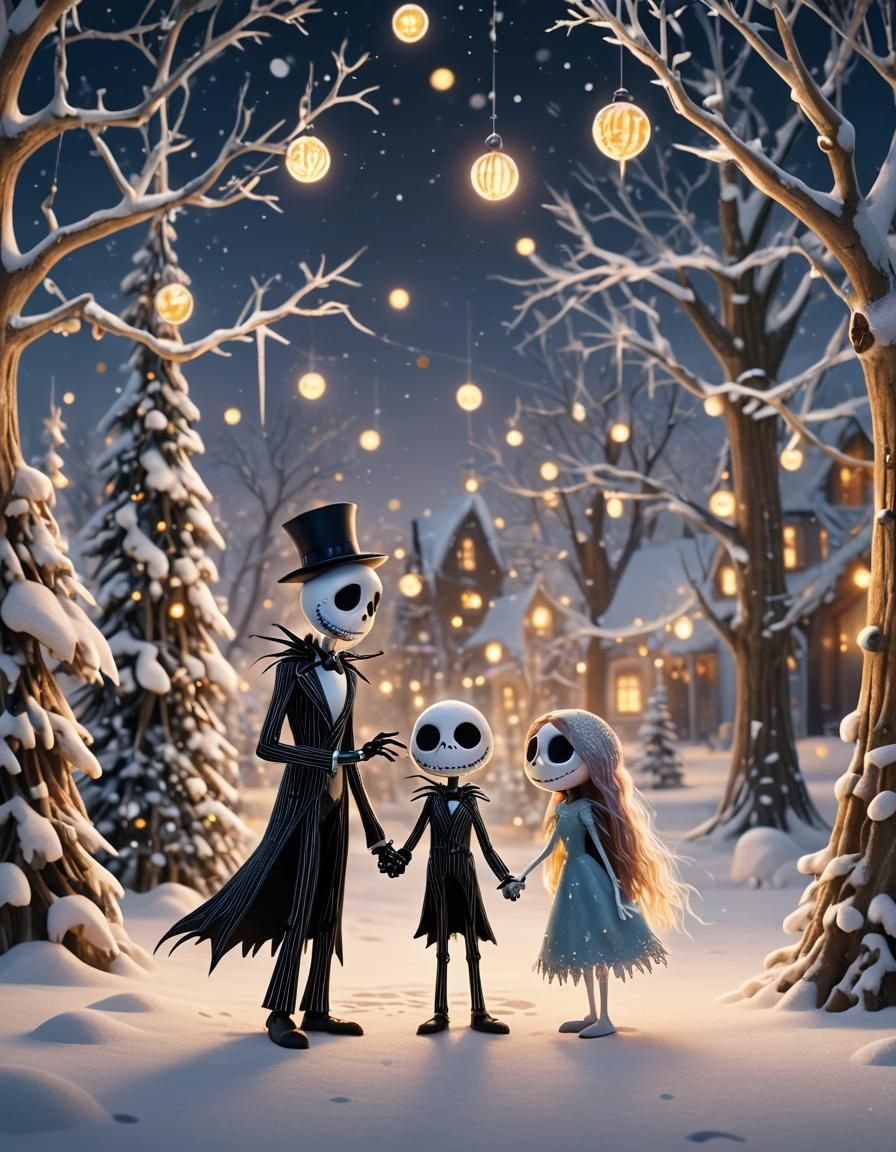 Jack and Sally's Winter Embrace: A Digital Painting