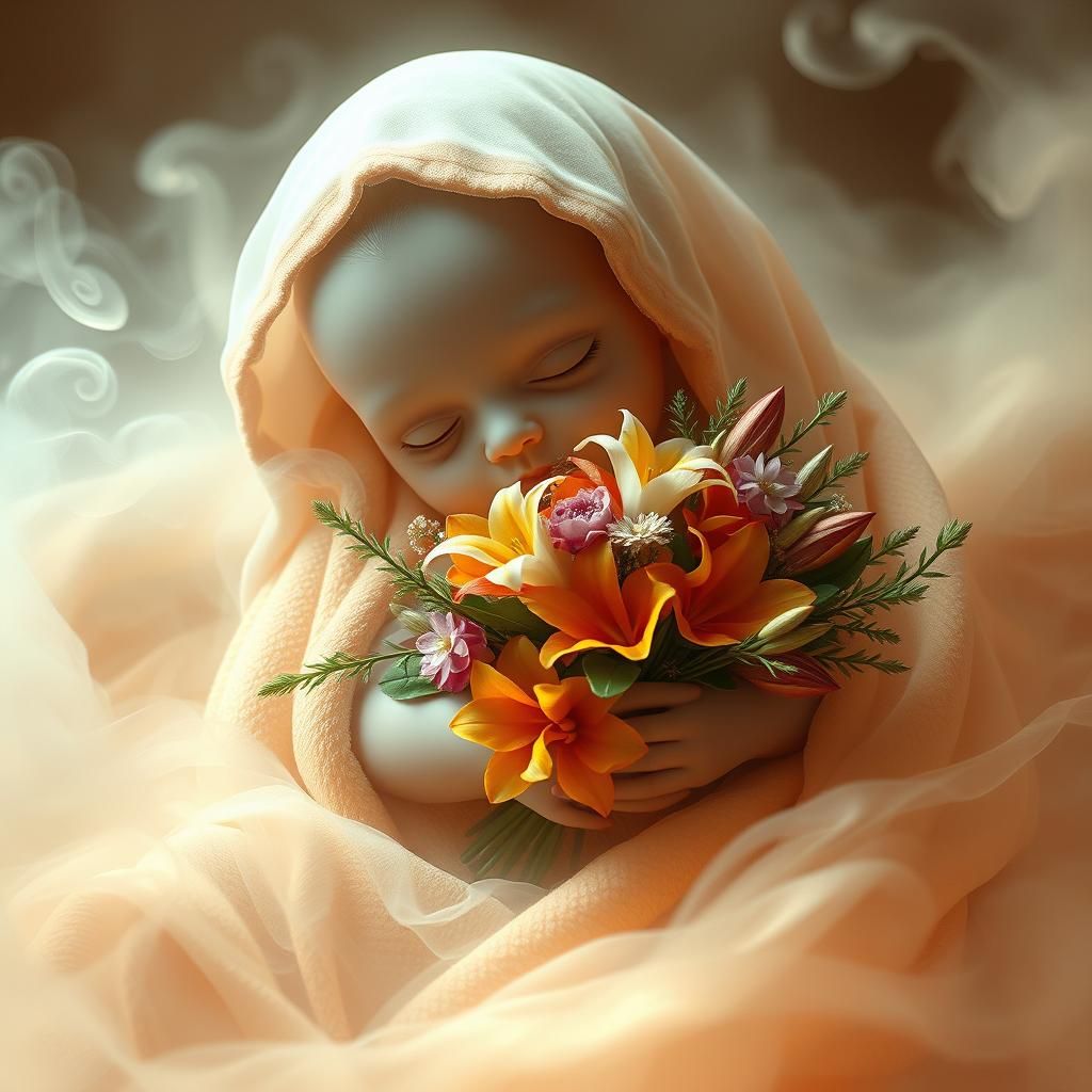 Ethereal Ghost Child with Flowers in Dreamlike Mist