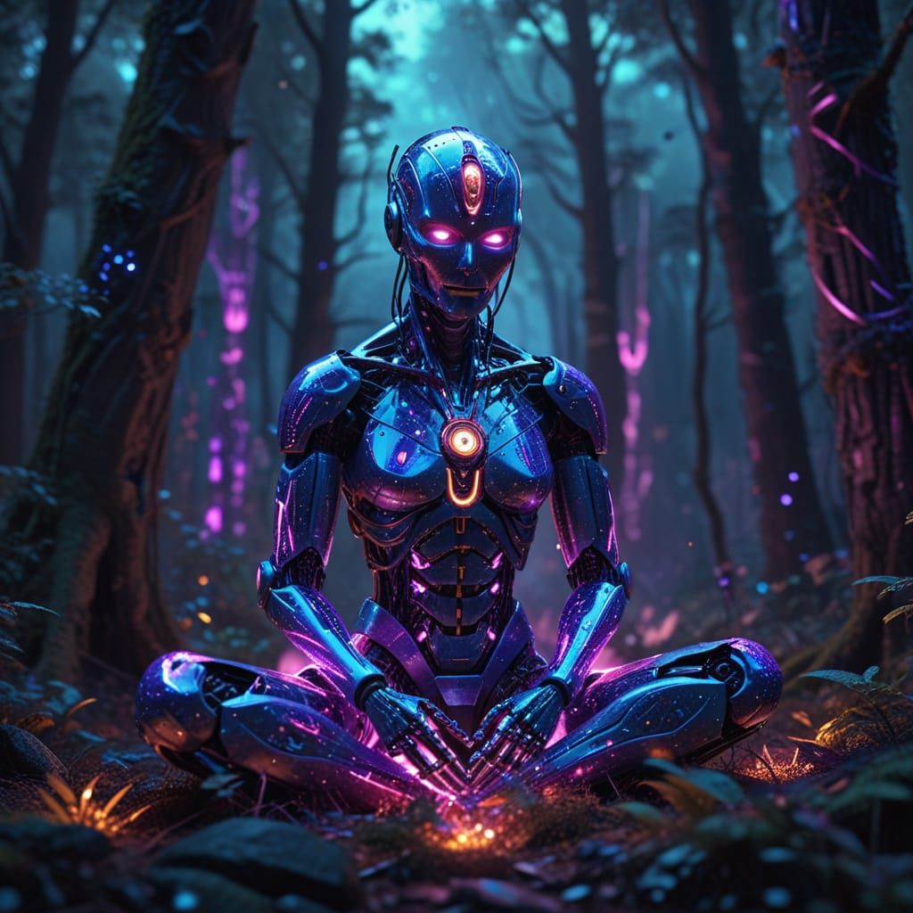 Futuristic Magical Robot Meditates in a Neon-Lit Forest