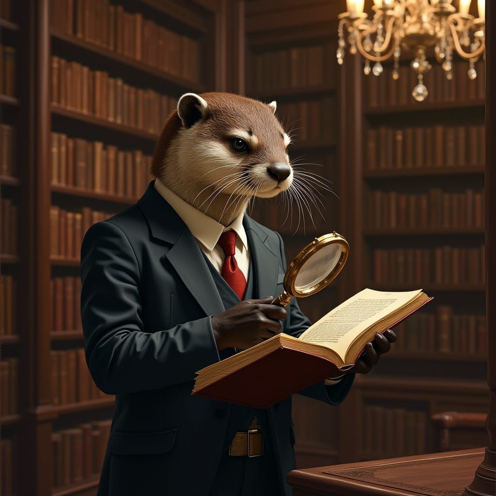 Elegant Otter Detective in a Grand Library