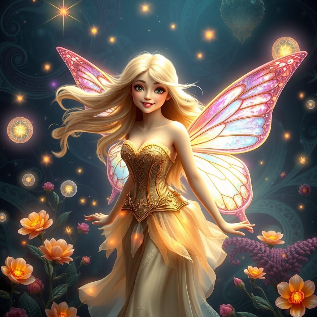 A radiant and smiling fairy with butterfly wings of spectacu...