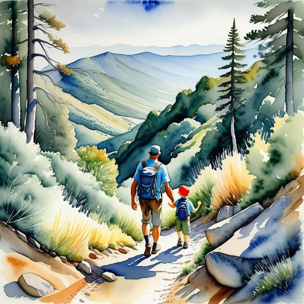 On the hike, the little boy holds on to his father's hand, water color painting by bocaccio