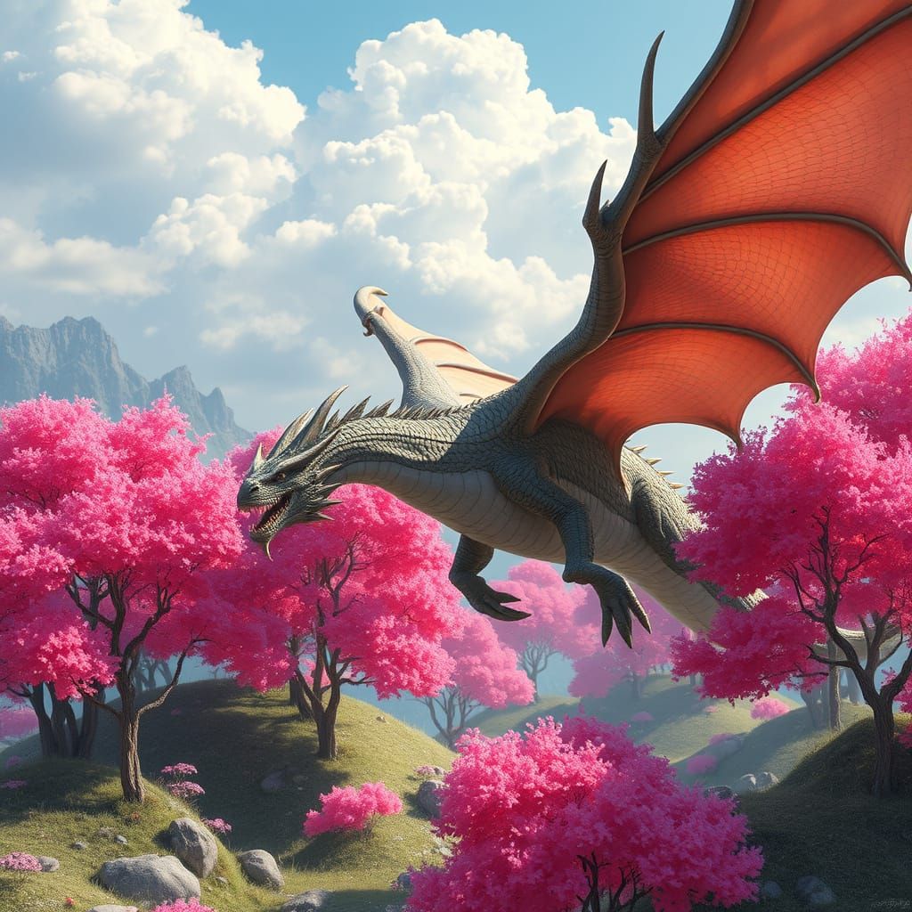 Dragon Soaring Over Whimsical Pink Trees Landscape
