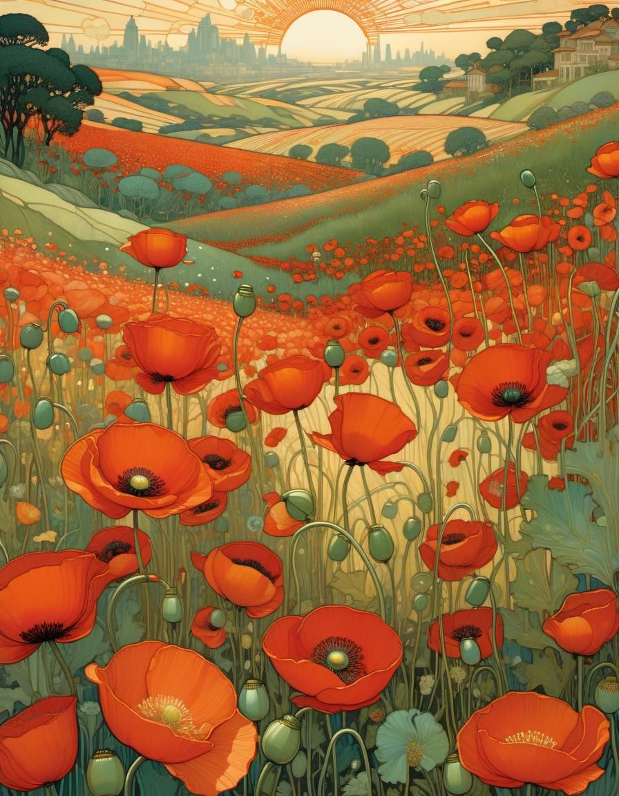 Poppy Field in Art Nouveau Style