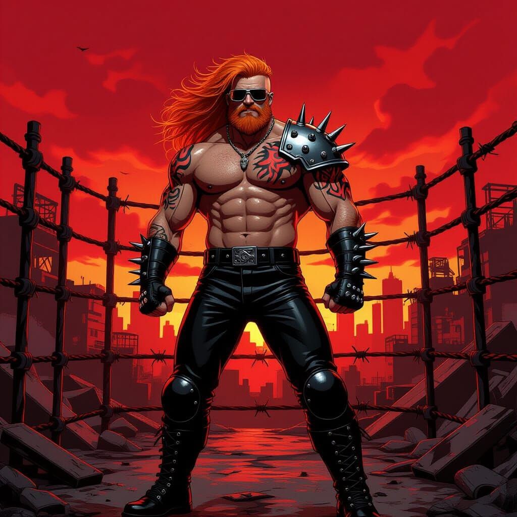 Cyberpunk Wrestler in Flaming Barbed Wire Cage