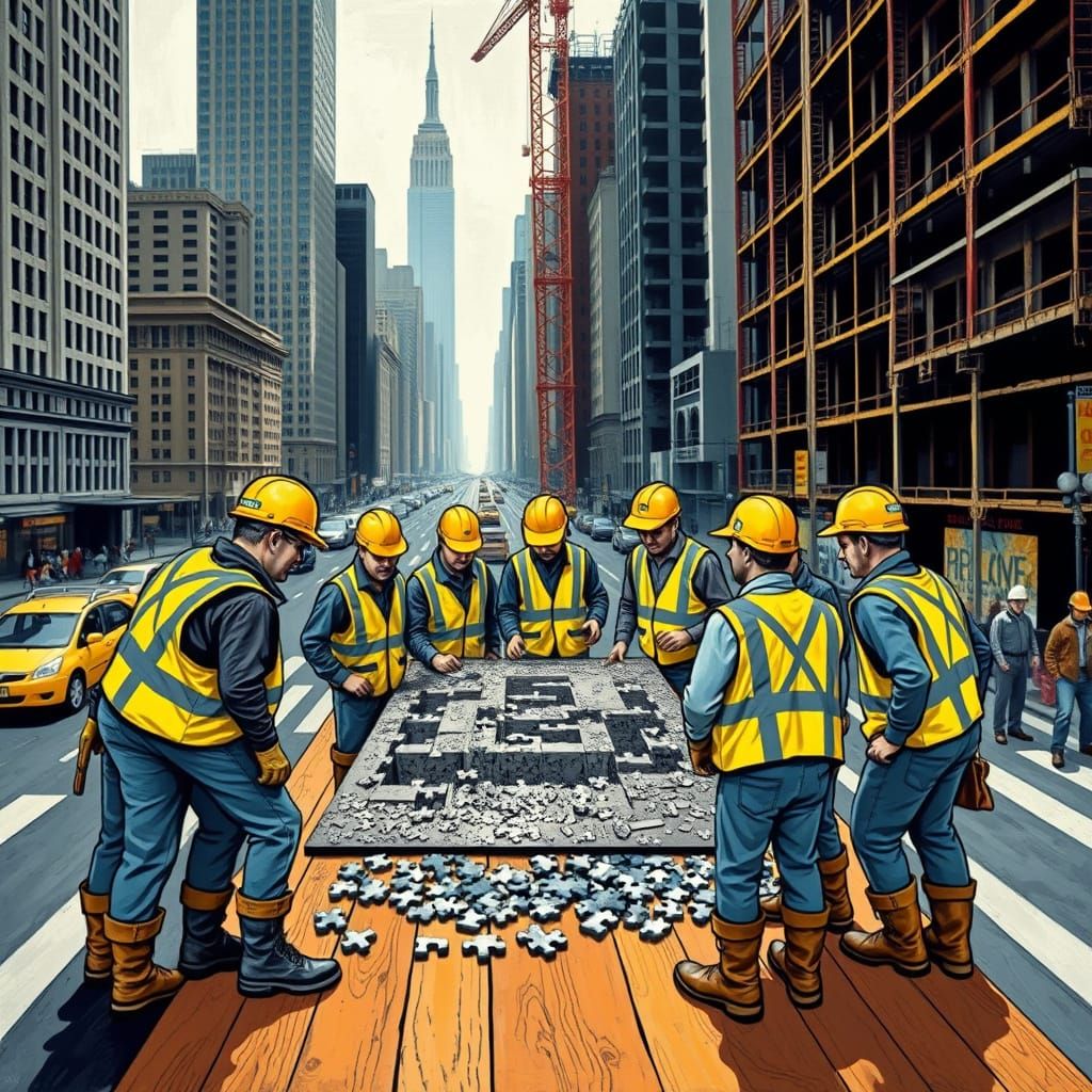 Construction Workers Gather Around a German Expressionist Pu...