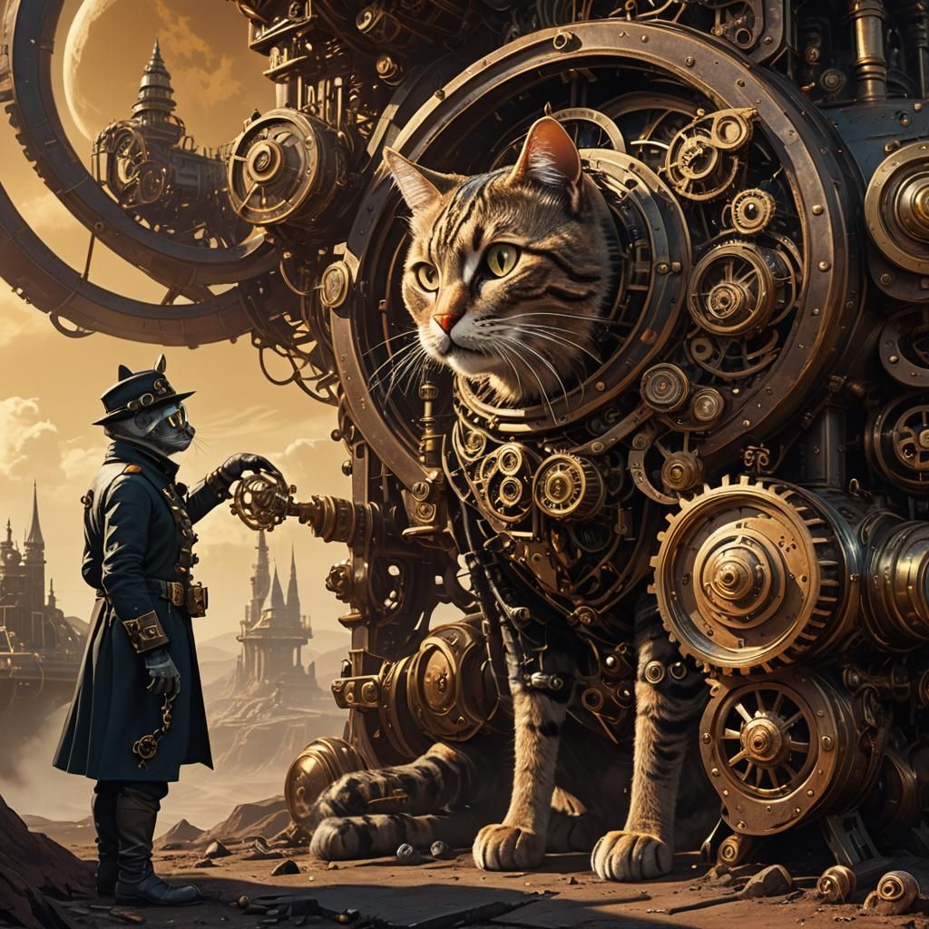 Steampunk Cat Person Exploring Distant Planet