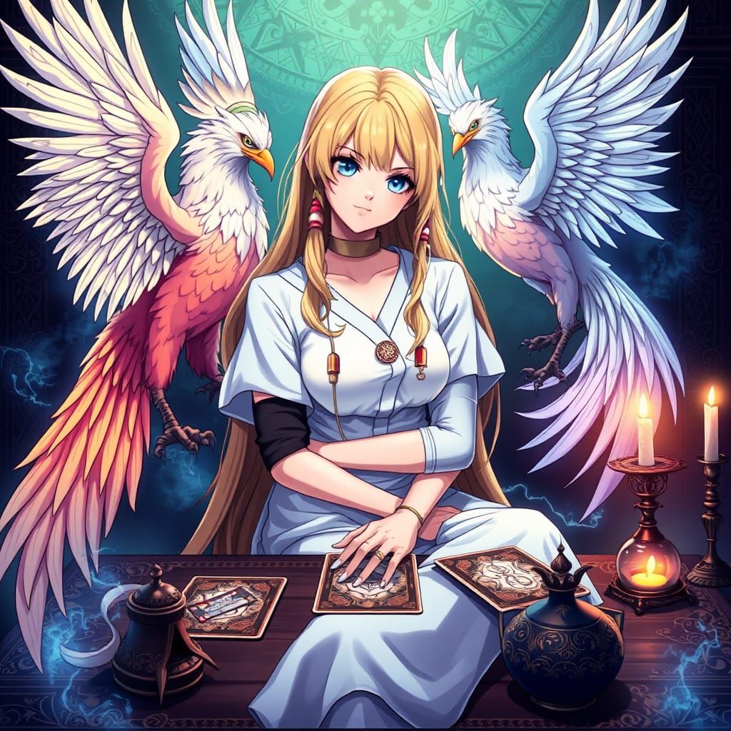 Tarot Reader and Phoenix in Anime Style