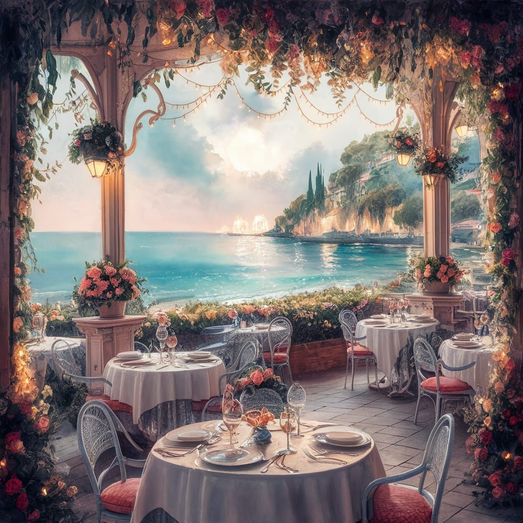 serene oceanscape view of Italian outdoor restaurant terrace